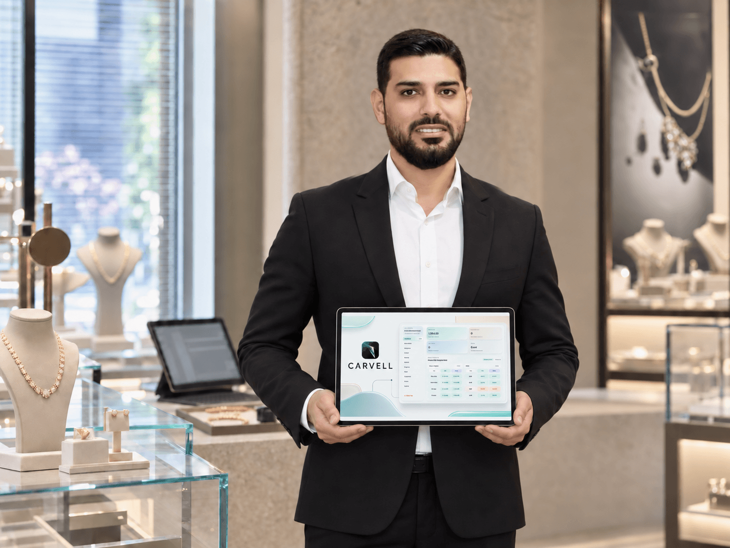 Kuyumcu mağazasında CARVELL uygulamasını tablette gösteren kuyumcu