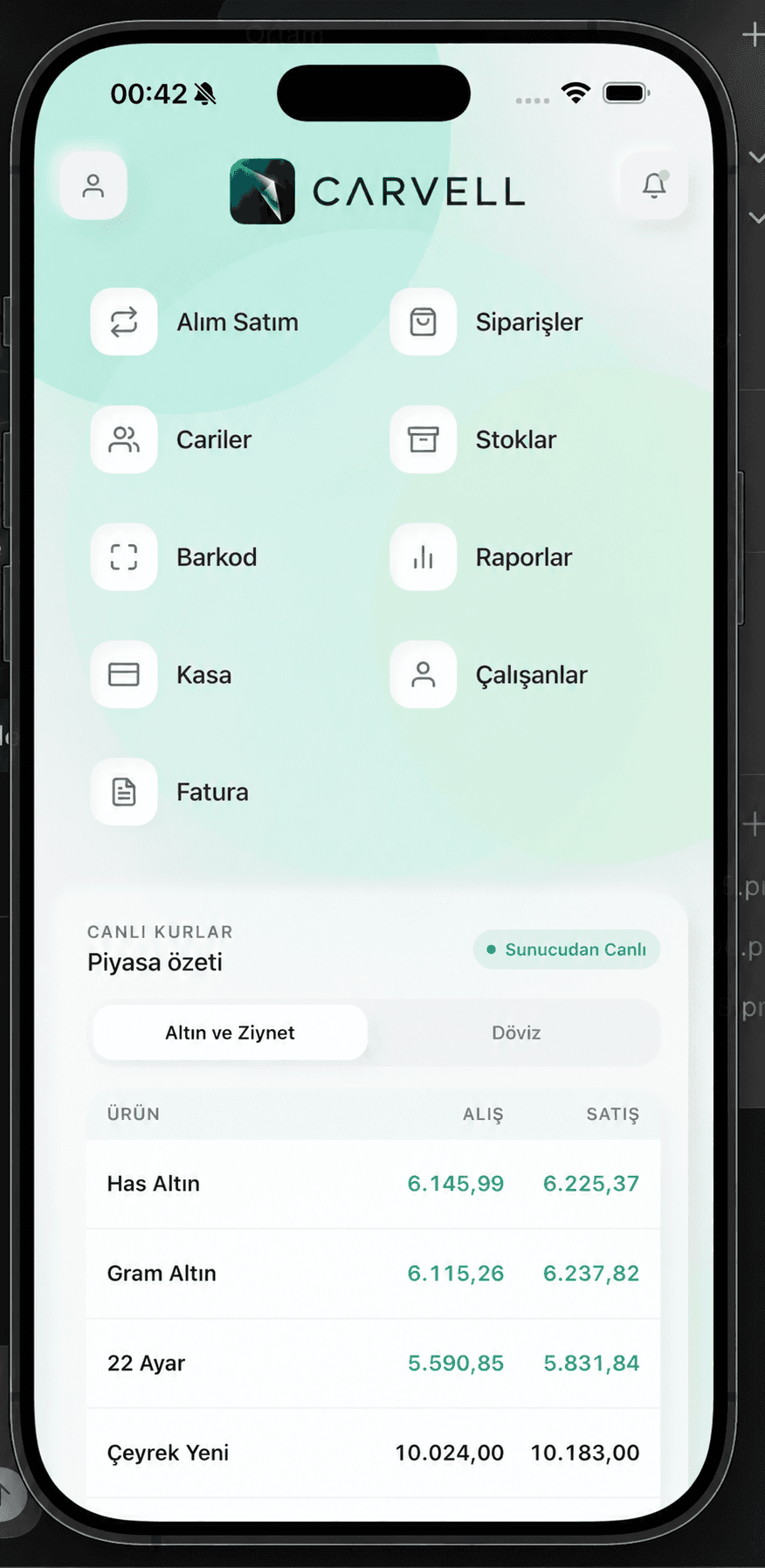 CARVELL mobil ana ekranı